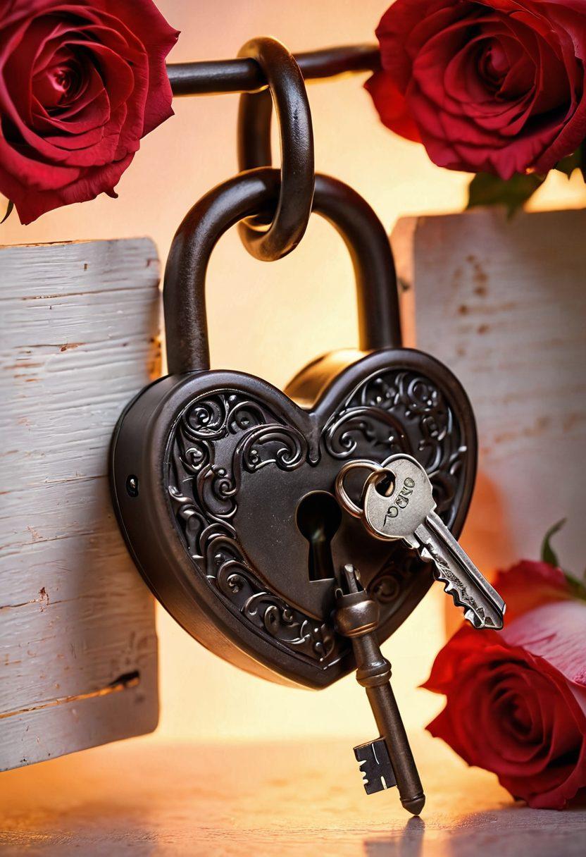 A heart-shaped lock being opened by a key made of intertwined hands, symbolizing deep emotional connections. Surrounding the lock are blooming roses and a soft glowing light emanating from within, representing love and intimacy. The background shows silhouettes of couples embracing, highlighting the theme of lasting relationships. soft focus. romantic ambiance. vibrant colors.