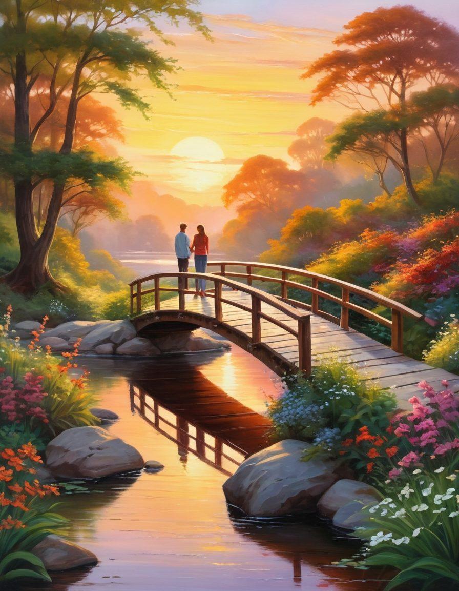 A serene landscape featuring two people on a beautifully crafted bridge, symbolizing connection and intimacy, surrounded by lush greenery and soft, glowing sunset light. The characters should express love and understanding, with delicate flowers adorning the bridge. Incorporate warm color tones to evoke affection and tranquility. painting. vibrant colors.