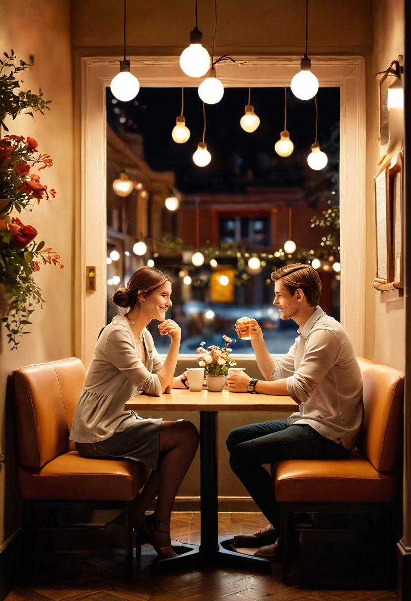 A serene setting depicting a couple engaged in a deep conversation at a cozy café, surrounded by romantic elements like soft lighting and delicate flowers. The scene captures their connection with warm colors and soft smiles, symbolizing trust and understanding. Include subtle visuals of communication symbols like speech bubbles or hearts floating around them. super-realistic. warm colors. soft focus.